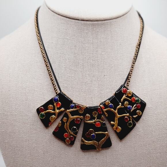 Chico’s Enamel Statement Necklace Black Gold Multicolor 20” Artistic - Picture 1 of 10
